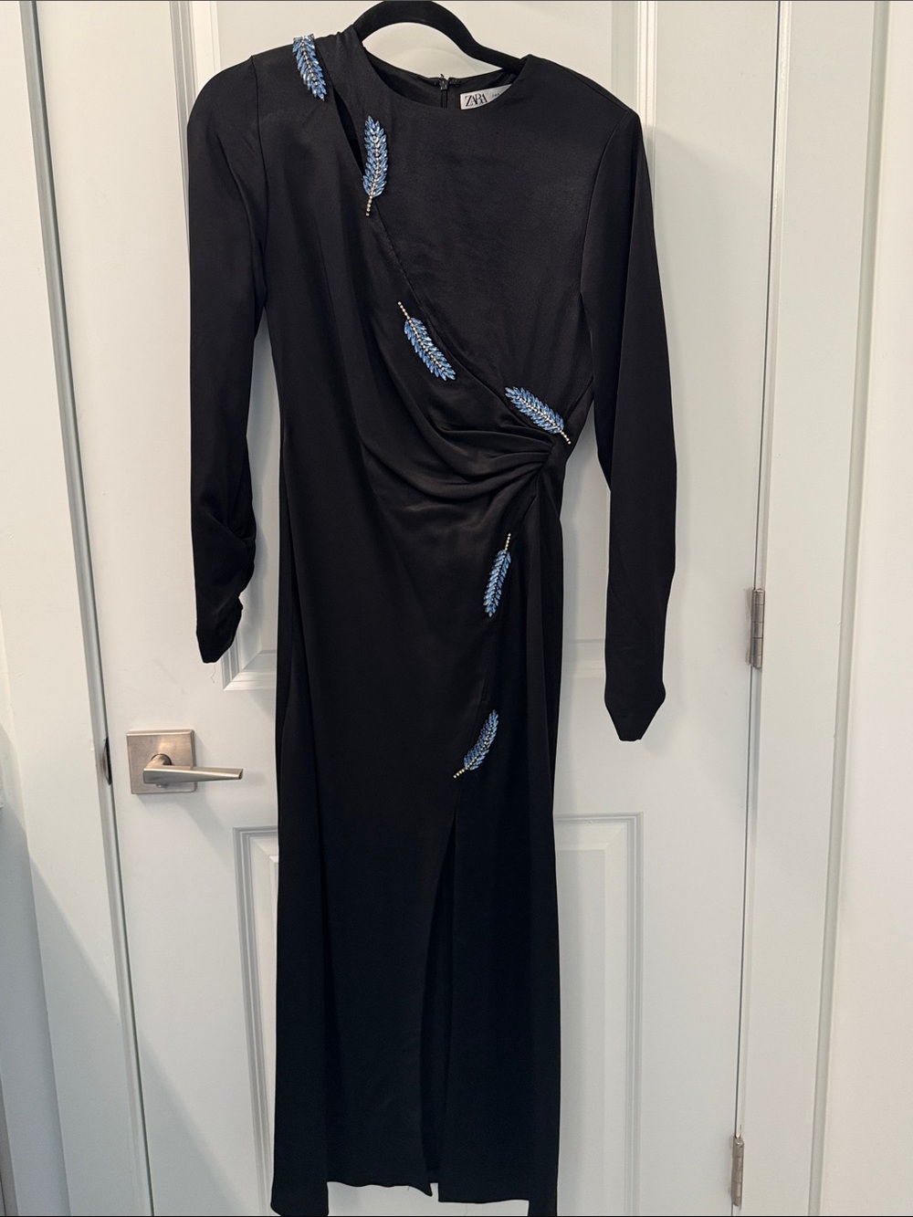 Zara Black Long Sleeve Midi Dress with Light Blue Embroidery